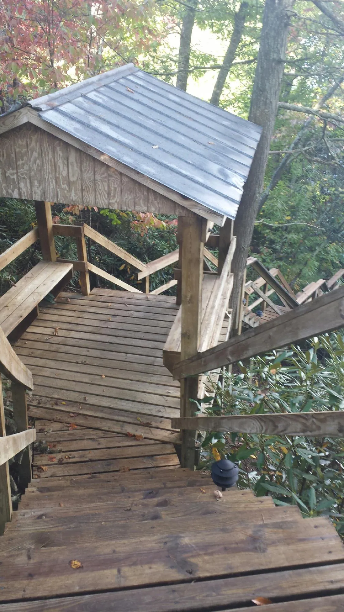 Metal roofed shelter over wooden steps on a wooded walkway — Skylight Repair & Installation work by our crew in Rosenberg